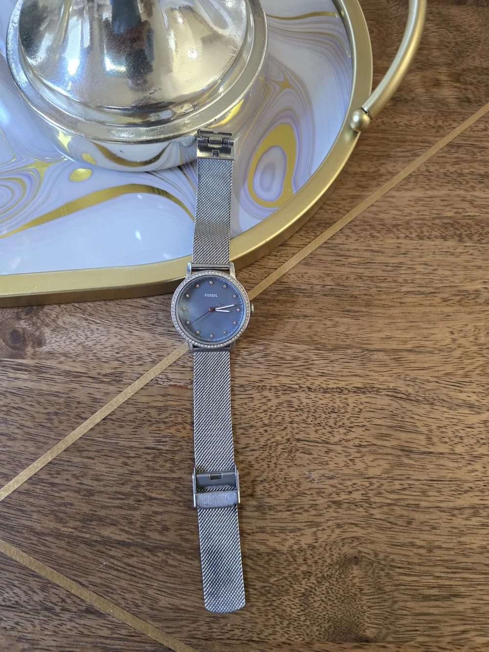 Fossil Silver Mesh Watch with Blue Mother-of-Pearl Dial and Crystal Bezel